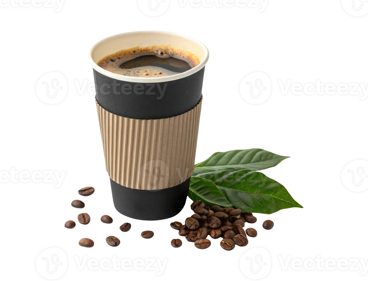 Takeaway black paper coffee cup with sleeve with coffee beans and leaves isolated on a transparent background drinks design png