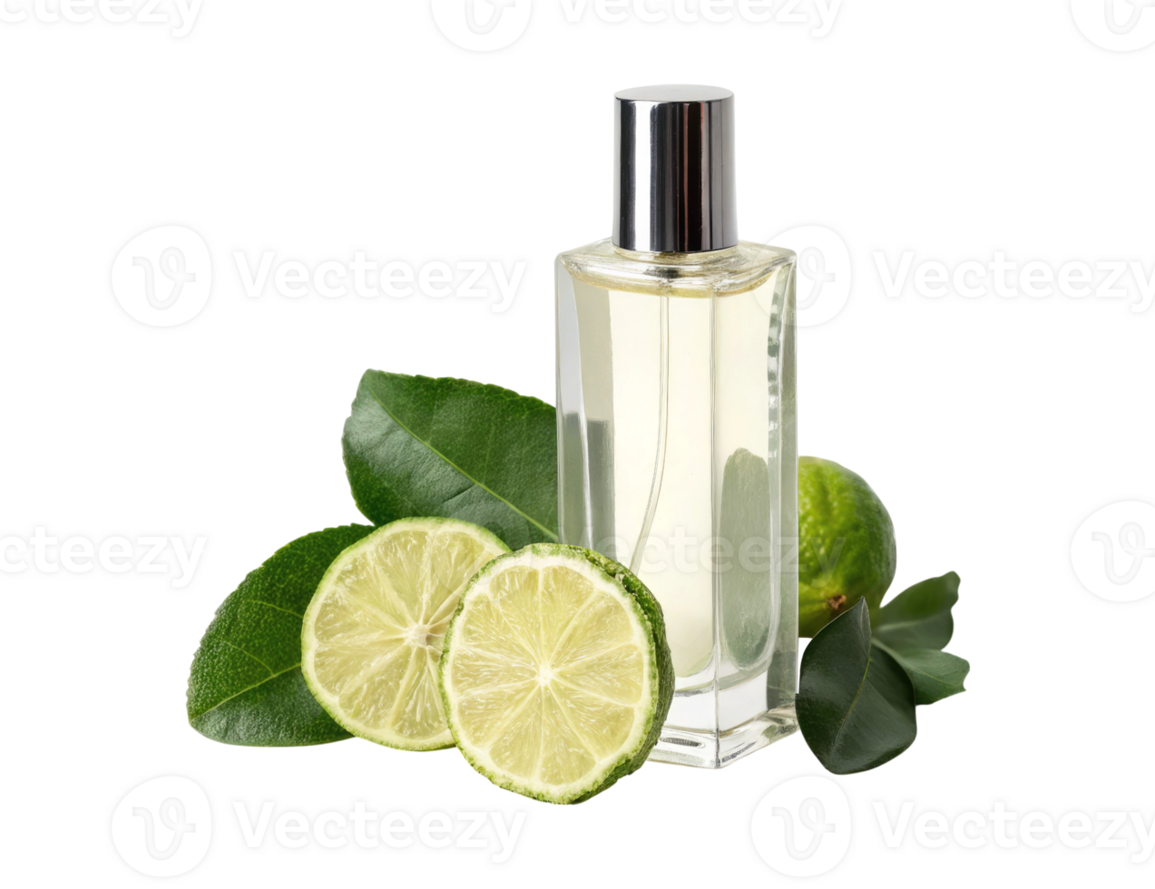 A perfume bottle next to bergamot fruit slices and leaves isolated on a transparent background png