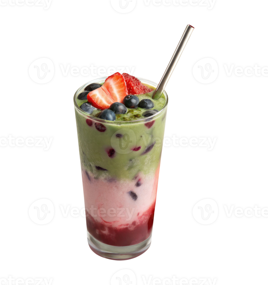 Strawberry and blueberry matcha iced latte with metal straw isolated on a transparent background drinks design png