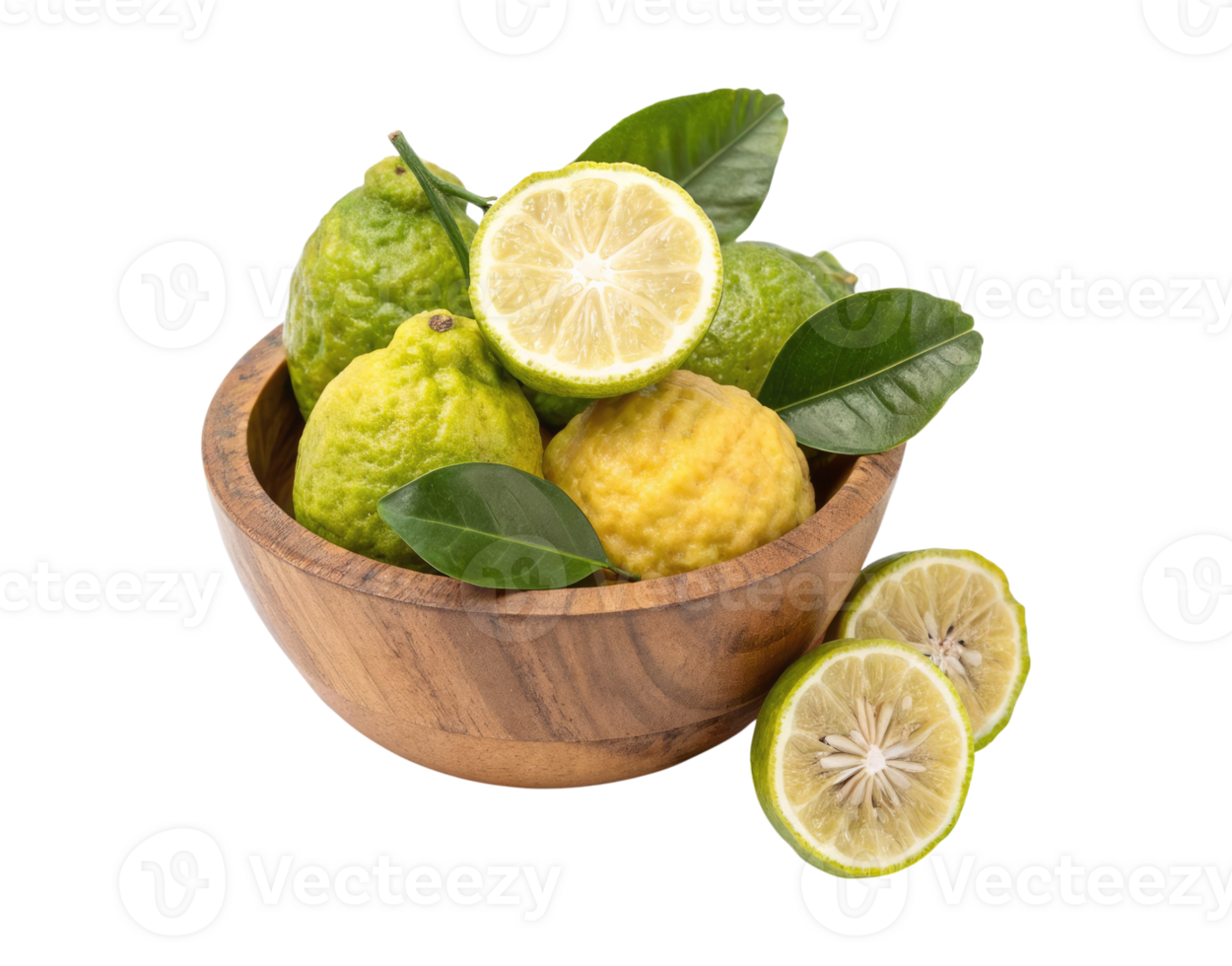 A whole and slices of bergamot with leaves in a wooden bowl isolated on a transparent background png