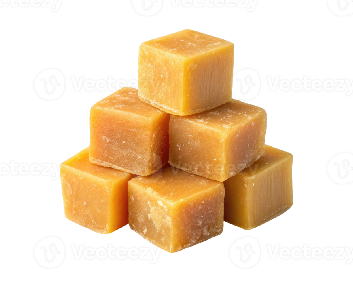 A pile of natural beeswax cubes isolated on a transparent background png