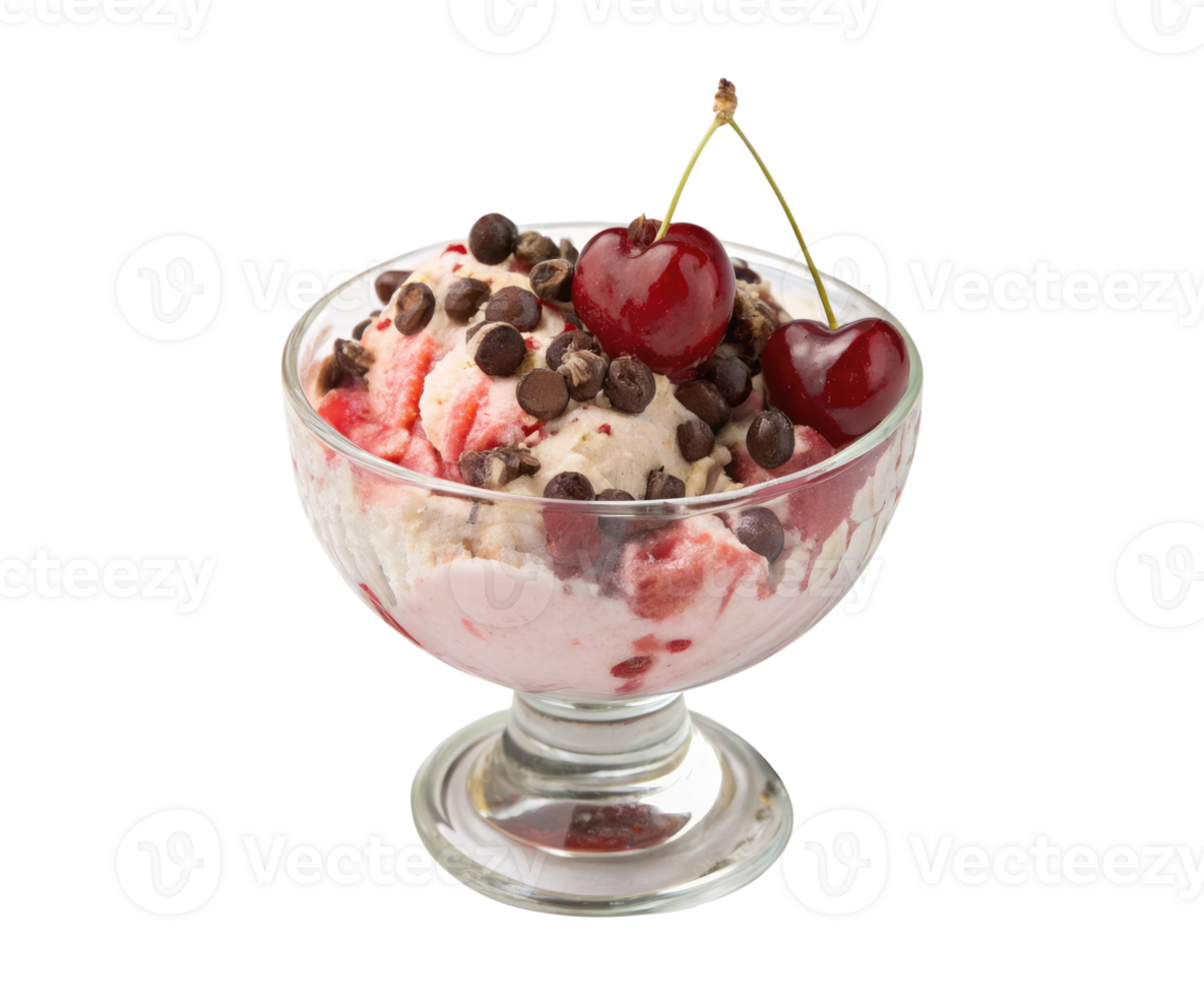 A glass bowl of cherry chocolate yogurt with chocolate chips isolated on a transparent background png