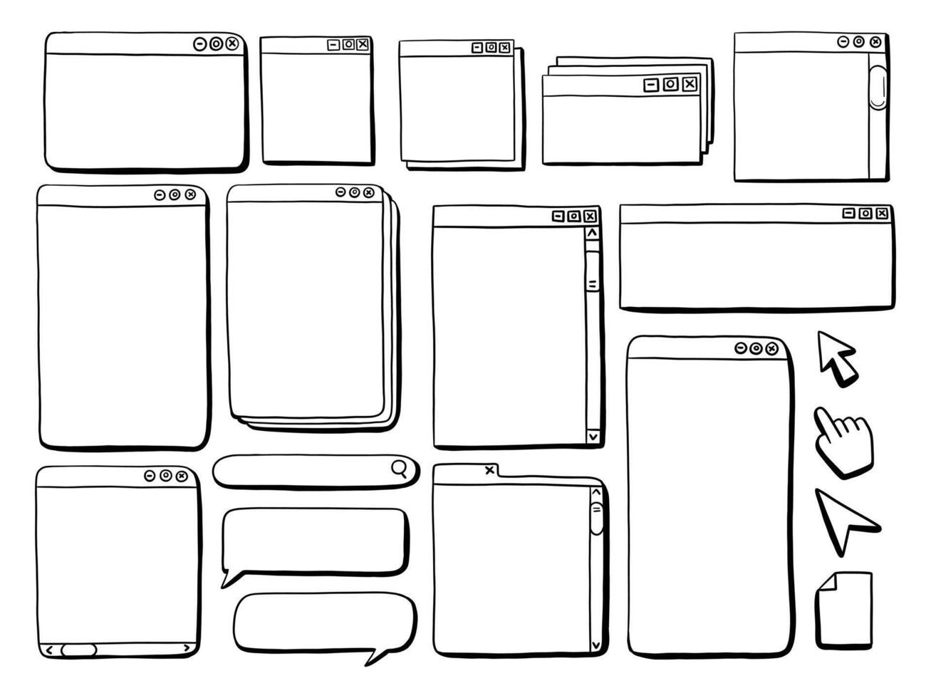 Hand Drawn Web Interface Element. A creative collection of nineteen hand drawn web interface icons including browser cursors search bars and chat bubbles. Perfect for UI sketches and digital mockup vector