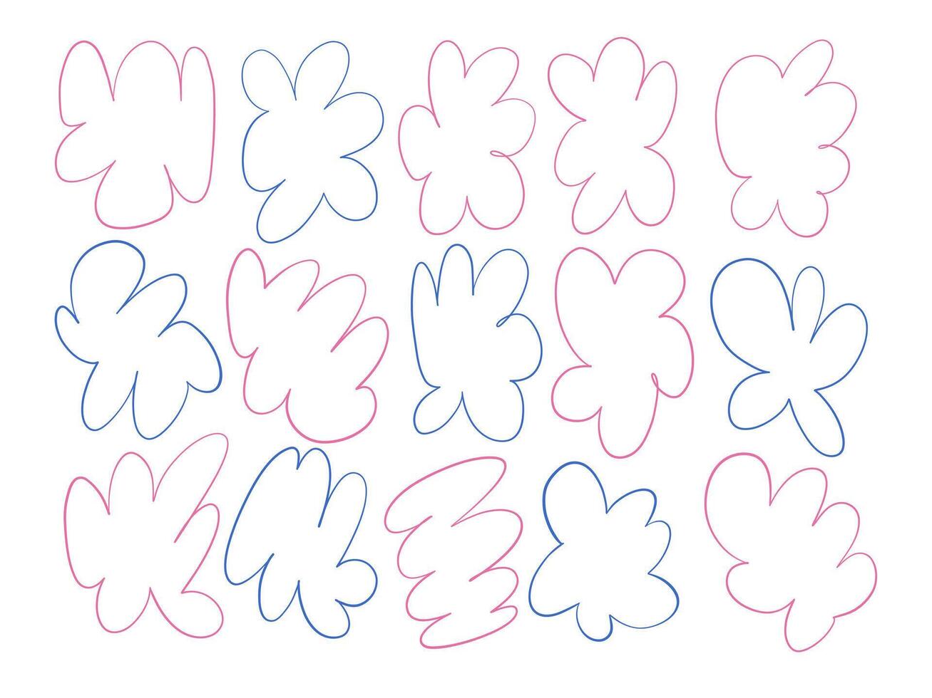 Freeform Abstract Outline Shape. A creative collection of fifteen freeform outline shapes in pink and blue featuring rounded curves playful silhouettes and contours. Perfect for modern compositions vector