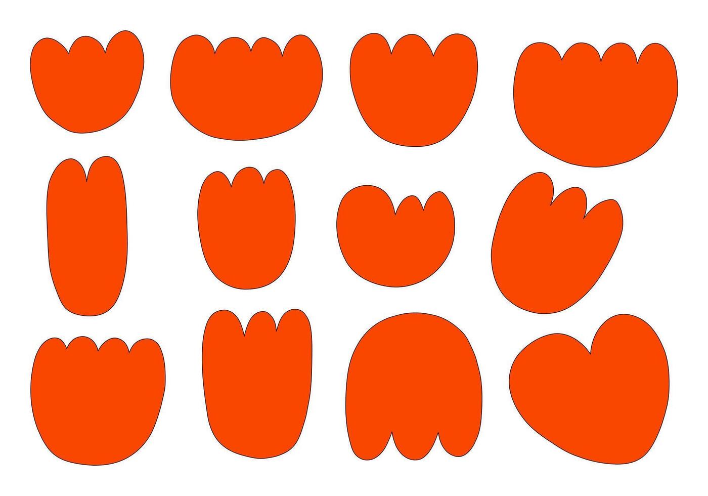 Abstract Orange Floral Petal Shape. A bold collection of twelve abstract orange petal shapes featuring tulip styles rounded blobs lobed silhouettes and heart inspired forms. Perfect for floral layouts vector