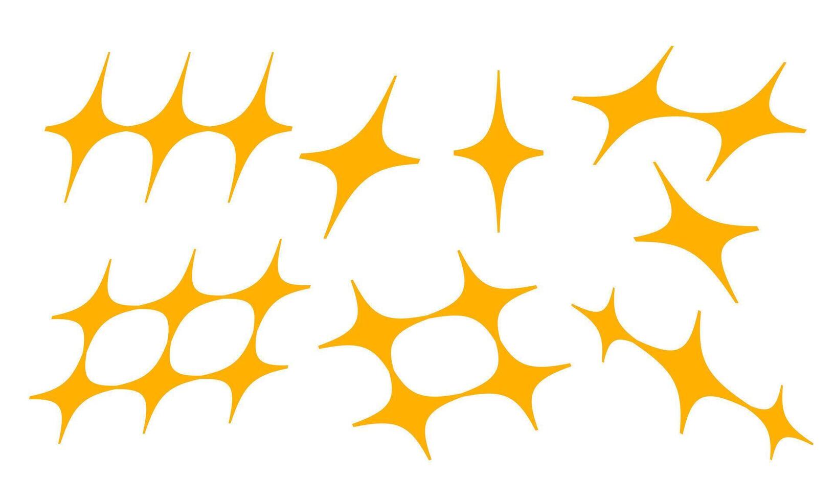 Freeform Sharp Sparkle Icon Collection. A dynamic collection of eight freeform sparkle icons featuring twisted trails clusters radiant stars and minimalist flares. Perfect for layouts digital decor vector