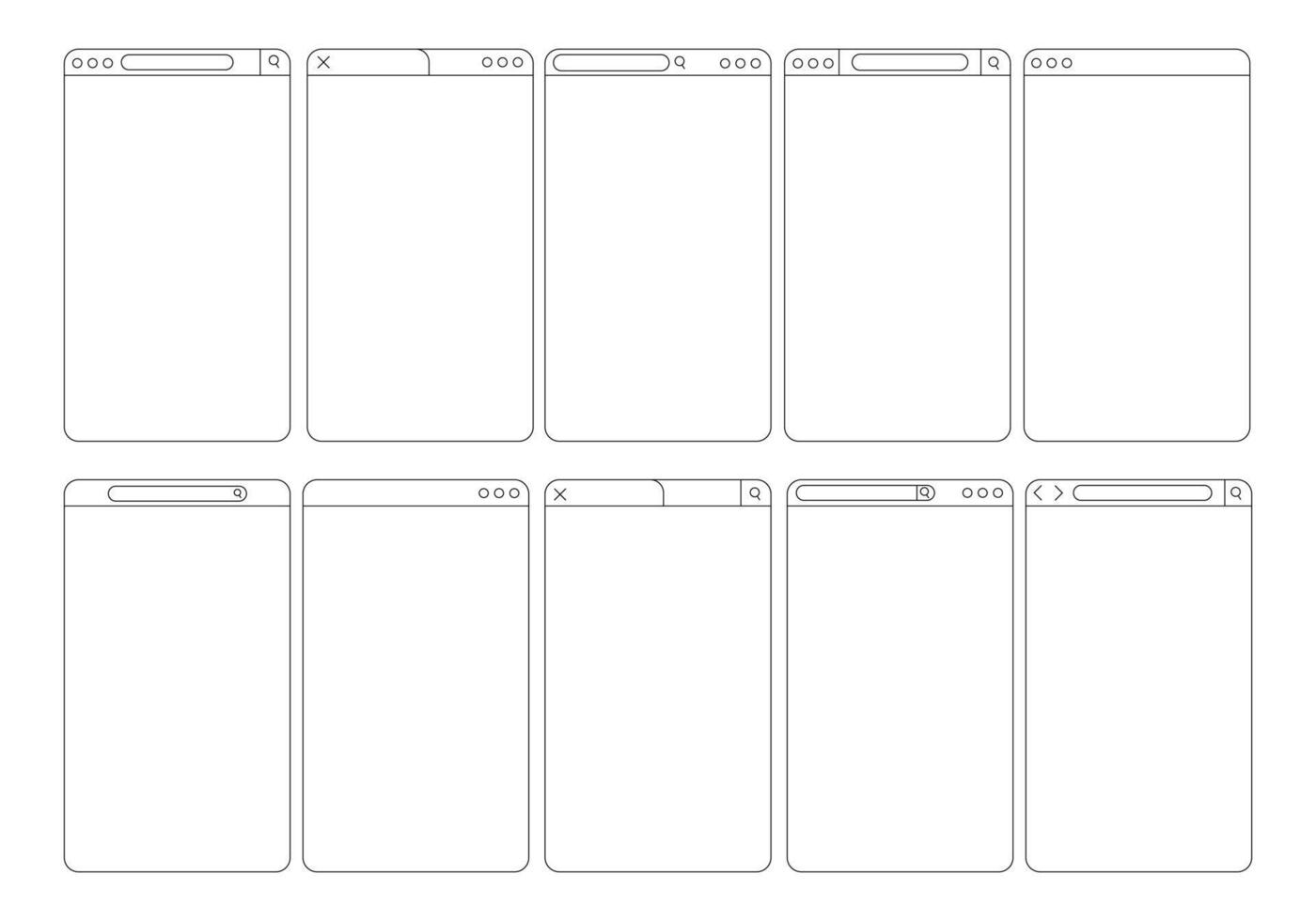 Minimalist Browser Frame Outline Icon. A complete collection of ten minimalist browser frame icons featuring tabs search bars headers navigation arrows and more. Perfect for web wireframes UI mockup vector