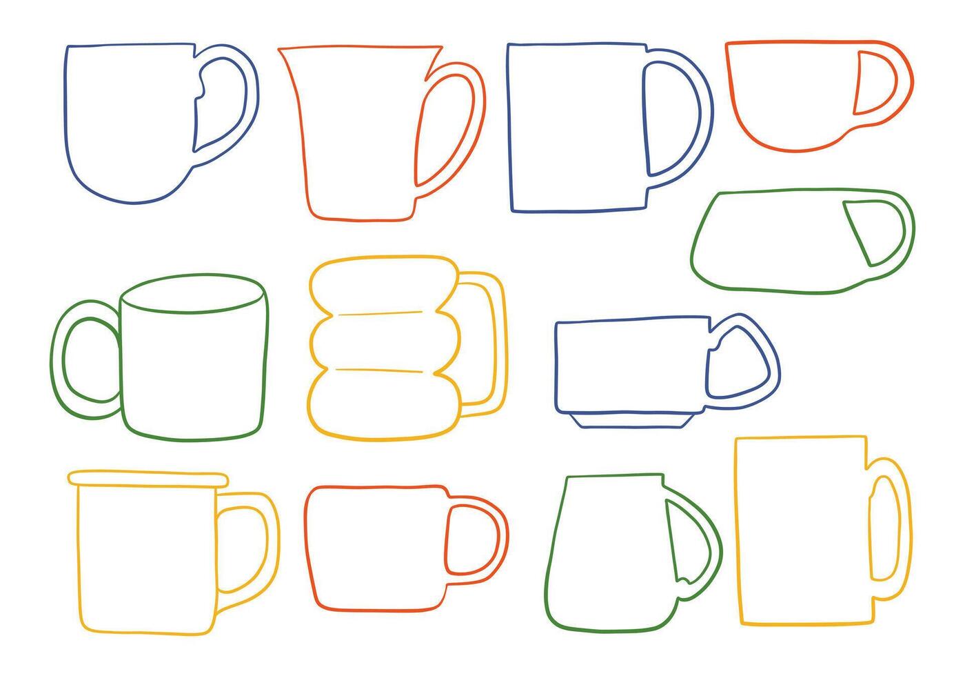 Minimalist Mug Outline Icon Collection. A modern collection of twelve minimalist mug icons in clean contour style including rounded tall for kitchen visuals. Perfect for cafe branding and cozy design vector