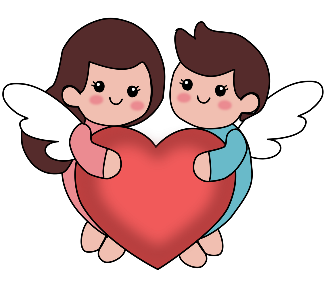 Cute angel couple holding a red heart png