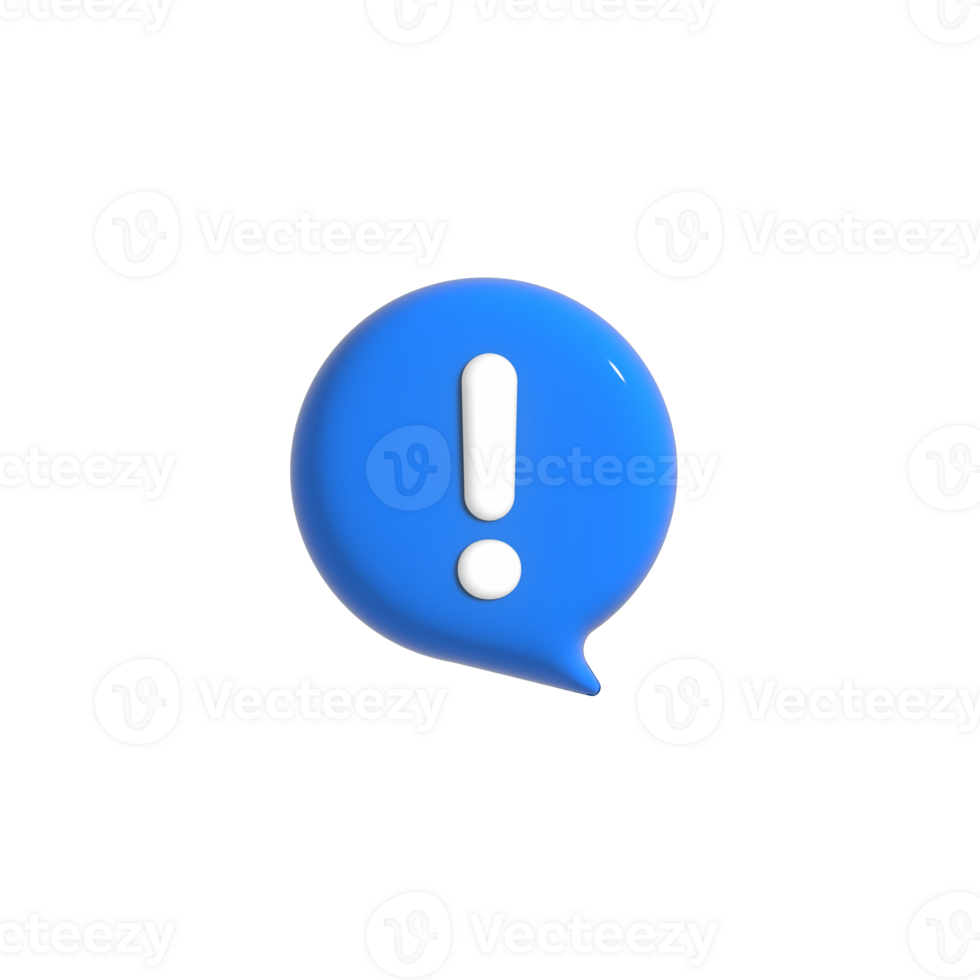 3d rendering of a Blue speech bubble with White exclamation mark for warning, important ,Or alert png