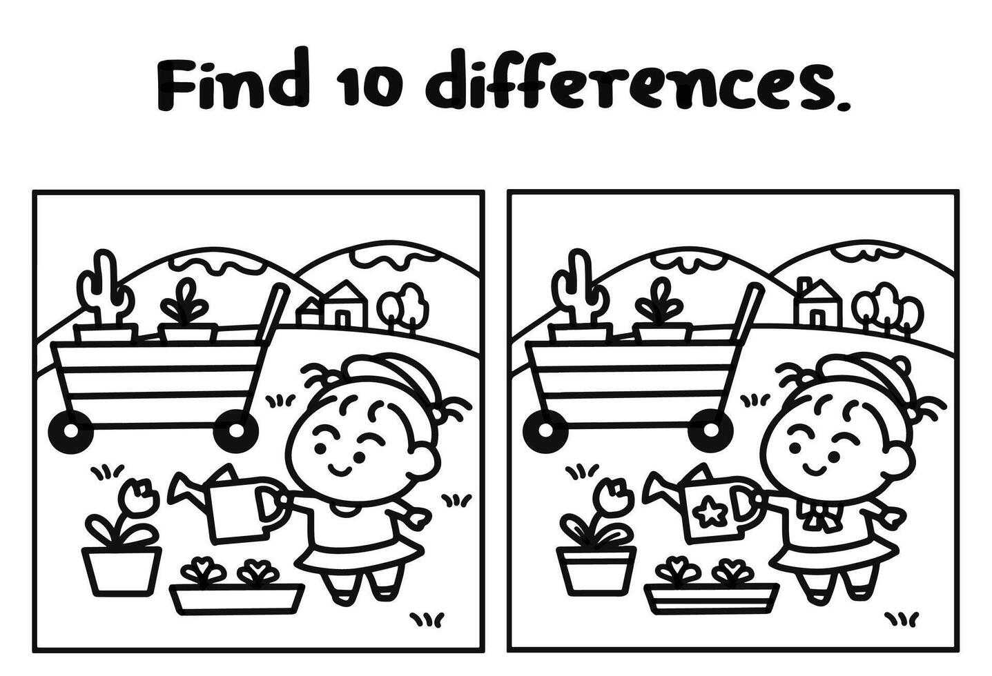 Find 10 differences game coloring pages style. vector
