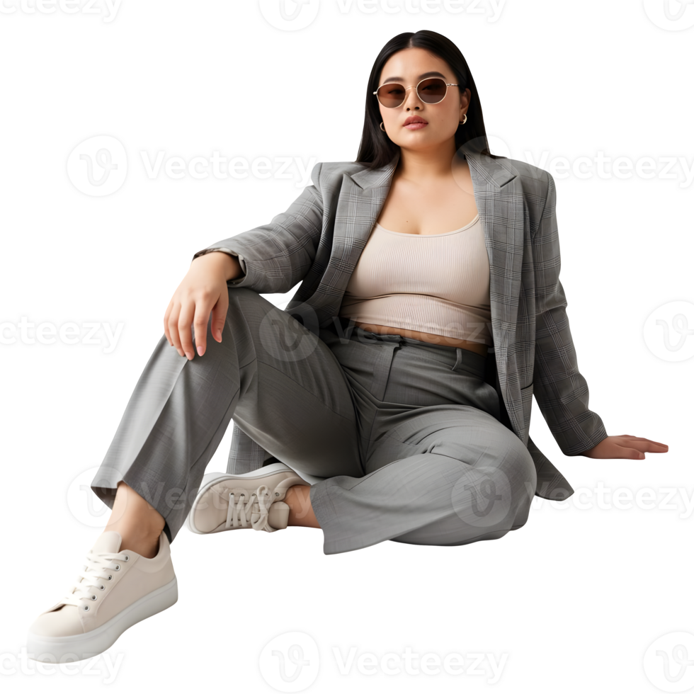 Confident Plus Size Woman in Gray Plaid Suit and Sneakers png