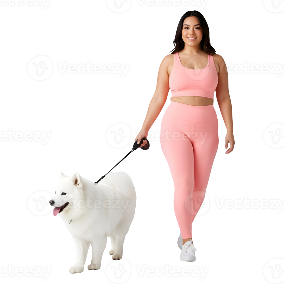 A Woman in Peach Activewear Walking Her Fluffy White Samoyed Dog png