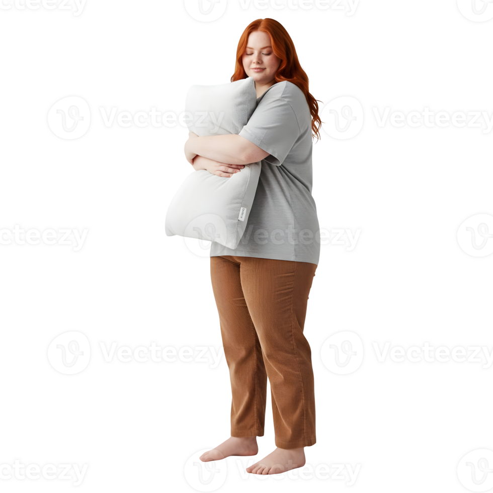 Woman in Comfort Embracing Softness with a Plush Pillow png
