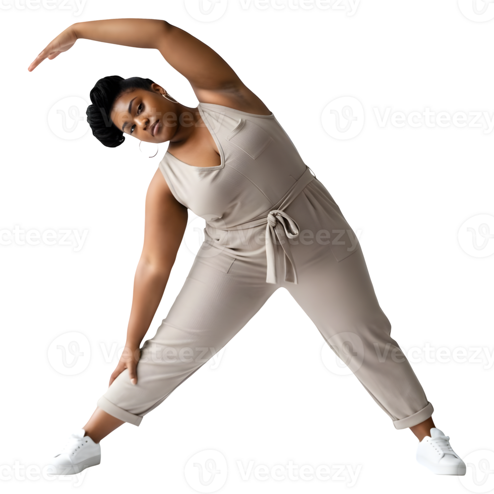 Confident Woman in Beige Jumpsuit Performing a Dynamic Yoga Stretch png