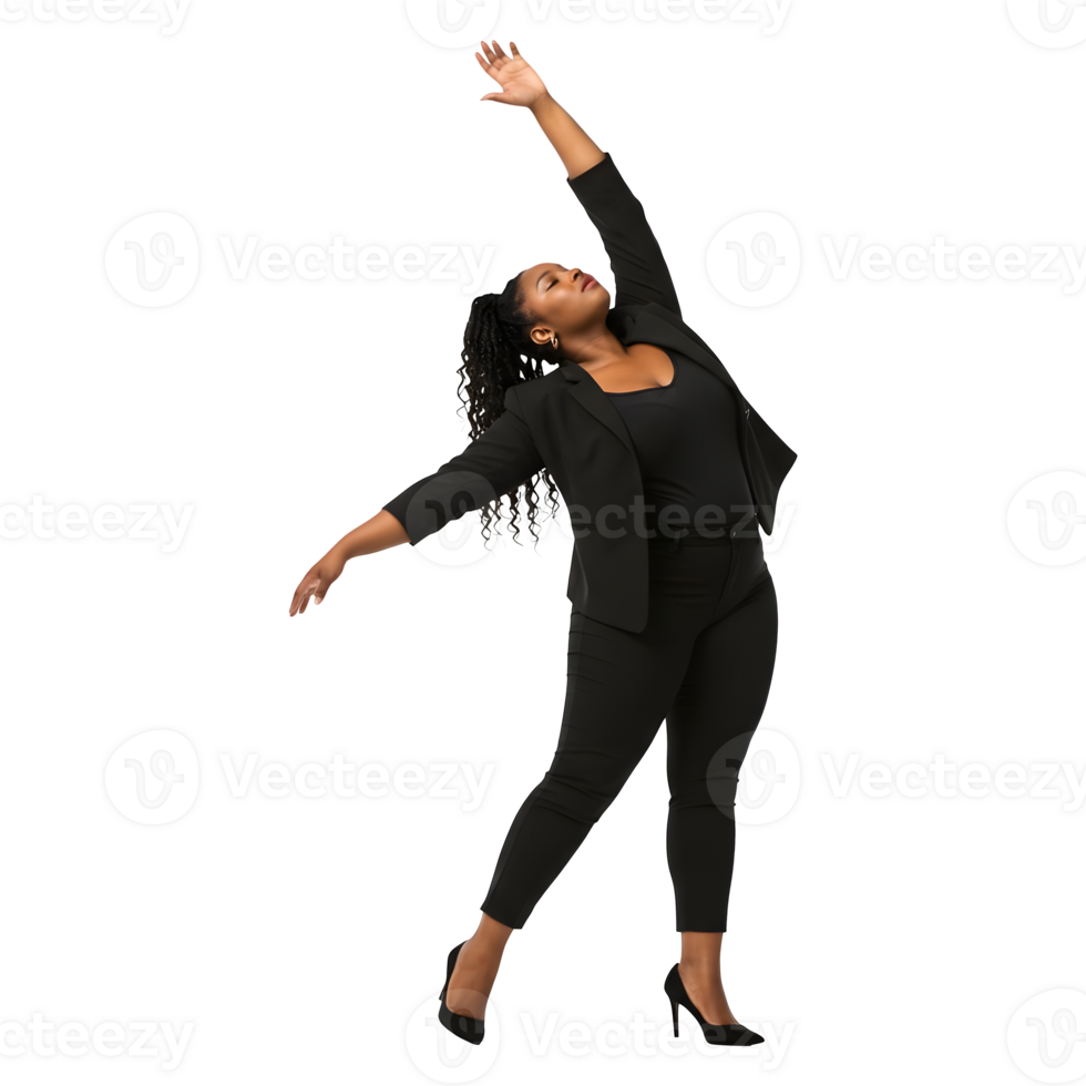 Confident Black Woman Reaching for Success in Elegant Black Attire png