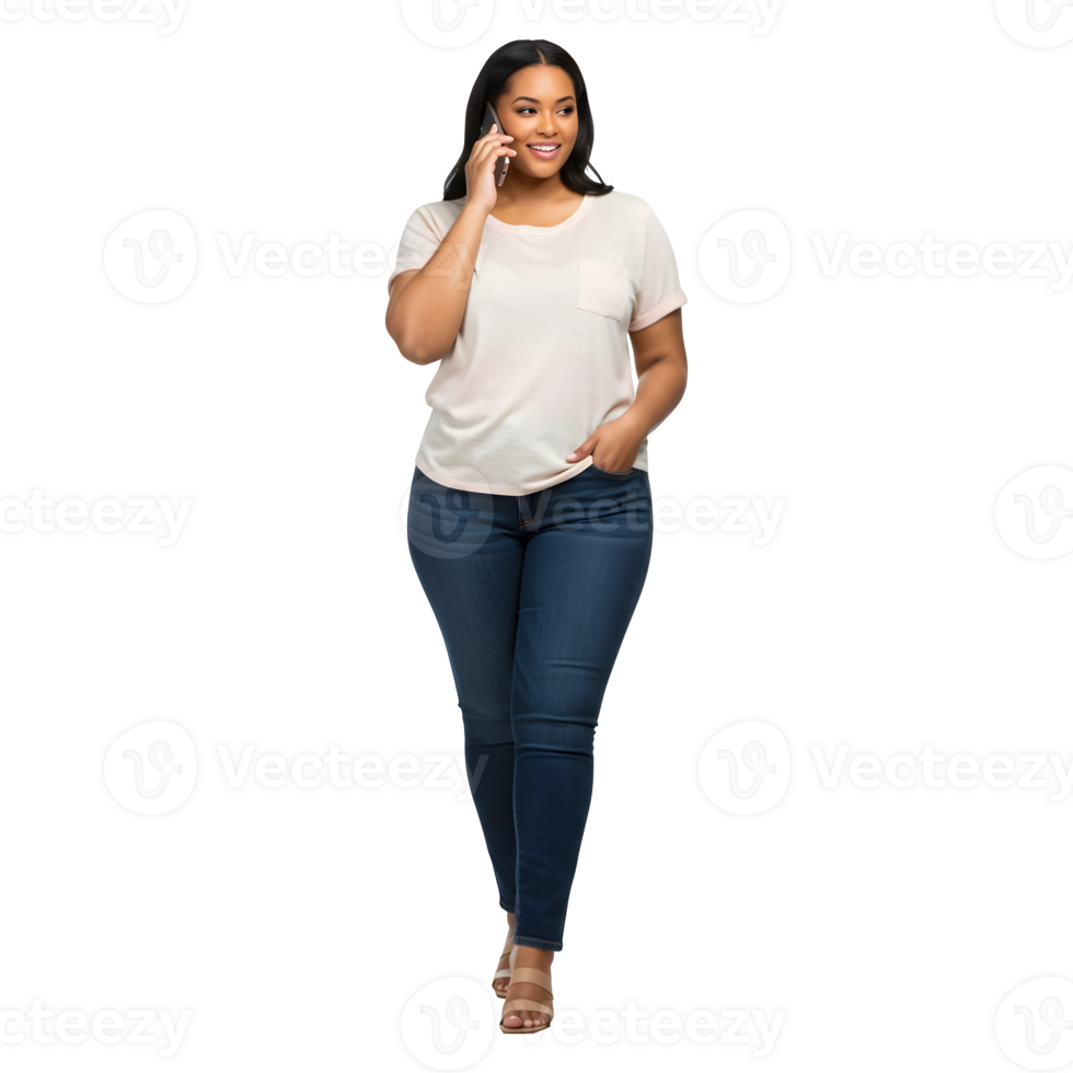 Confident Woman Walking and Talking on Cell Phone, Casual Summer Style png