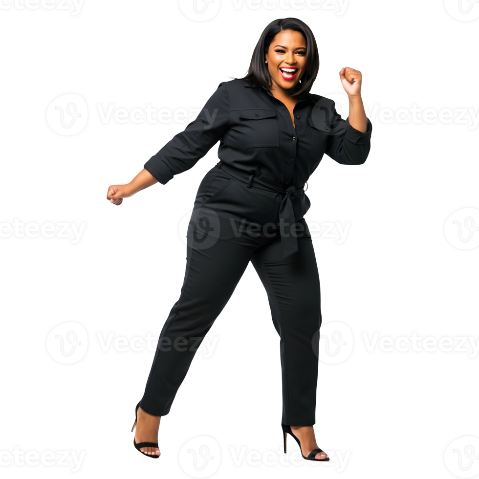 Confident Black Woman Triumphantly Celebrating Success in Stylish Jumpsuit png