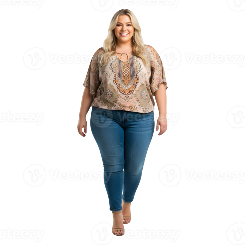 Confident Plus Size Woman Walking in Stylish Jeans and Printed Blouse png
