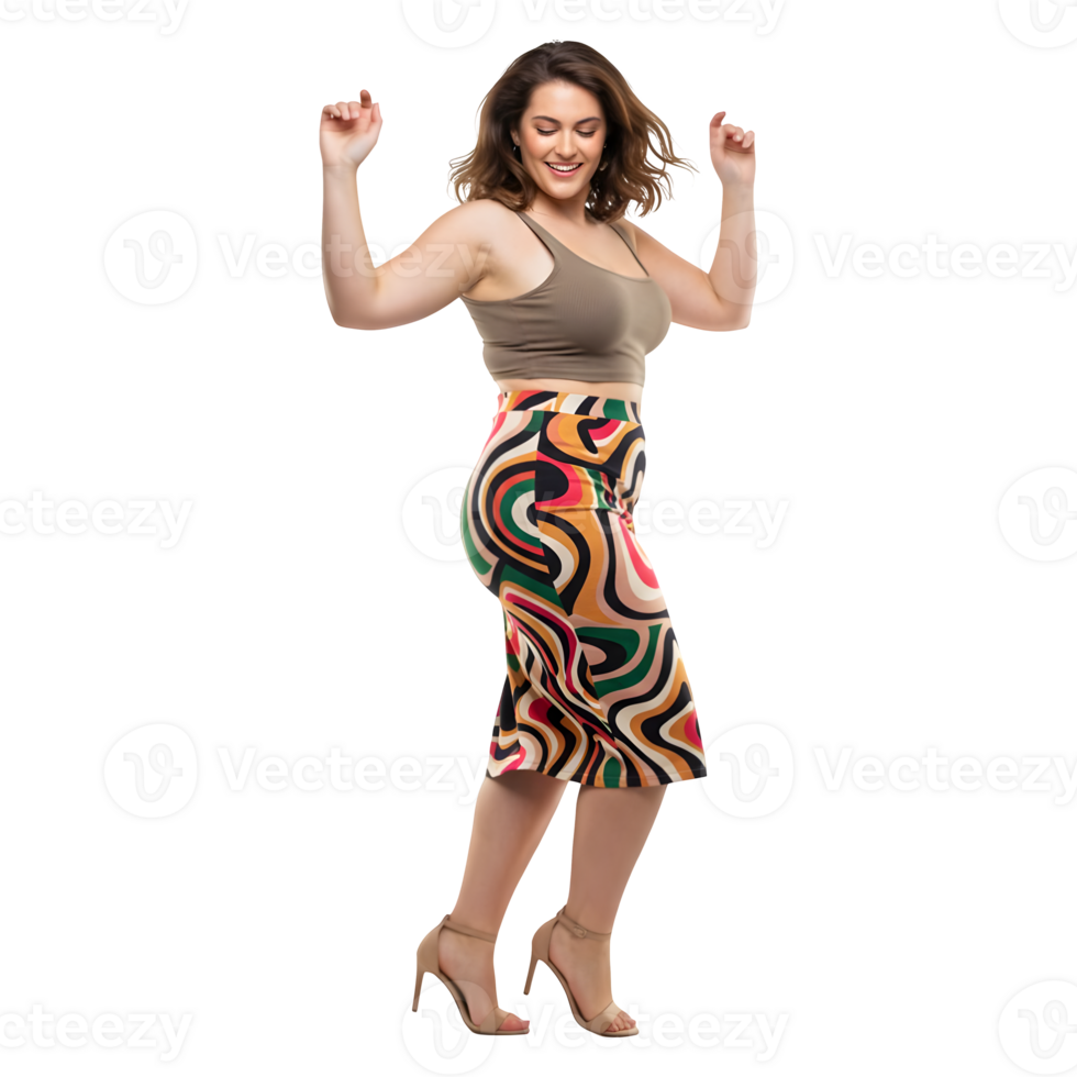 Confident Woman Dancing in Retro Styled Pencil Skirt and Crop Top png