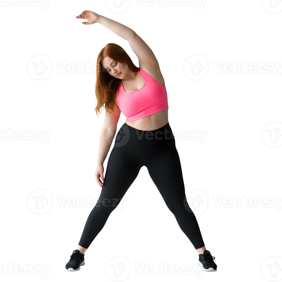 Plus Size Woman Performing a Dynamic Stretching Exercise Routine png