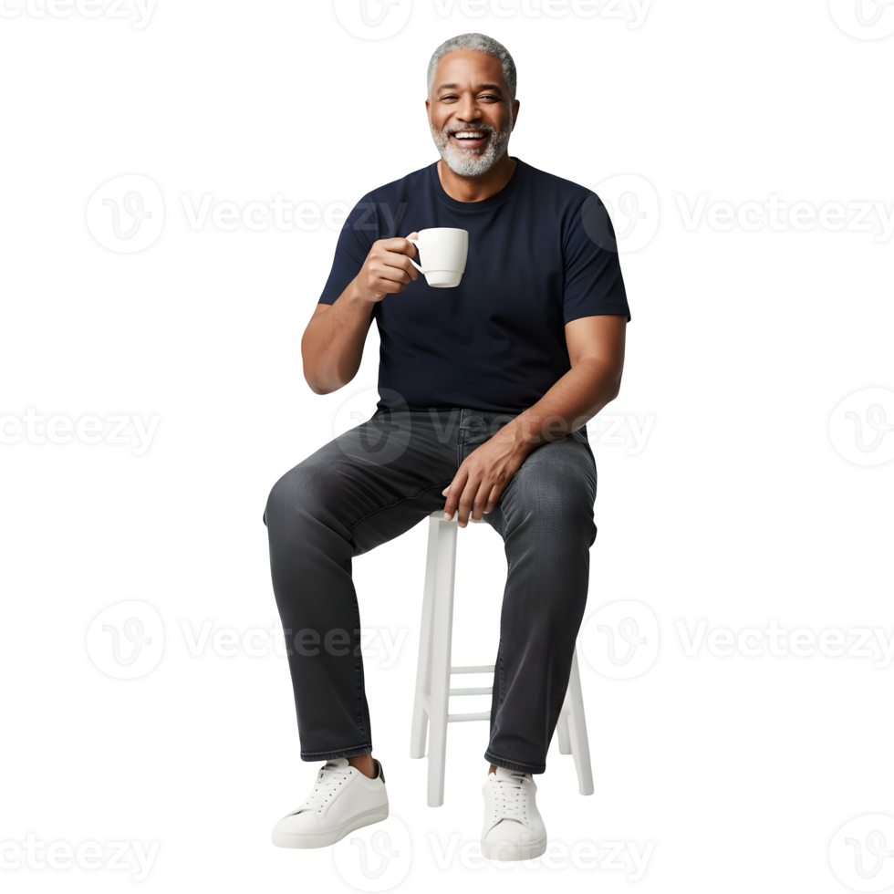 A Smiling Mature Man Relaxed with Coffee, Enjoying a Moment of Calm png