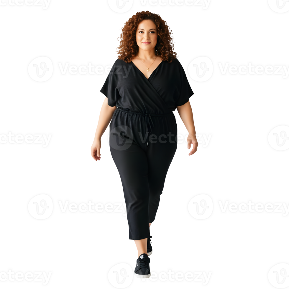 Confident Woman in Stylish Black Jumpsuit Walking with Purpose png
