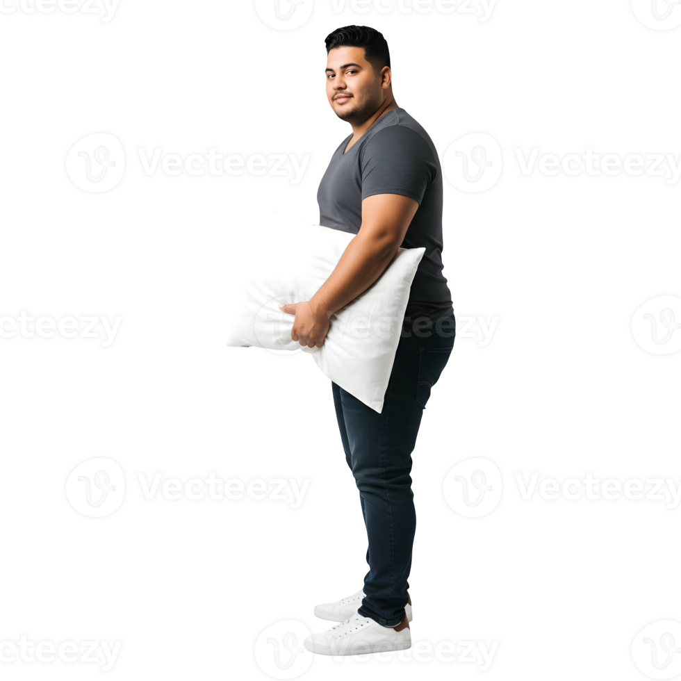 A Young Man Comfortably Holding a Fluffy Pillow, Ready for a Good Nights Sleep png