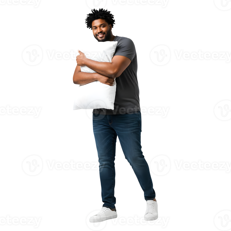 A Happy Man Embraces His Soft, Fluffy Pillow, Ready for a Relaxing Nights Sleep png