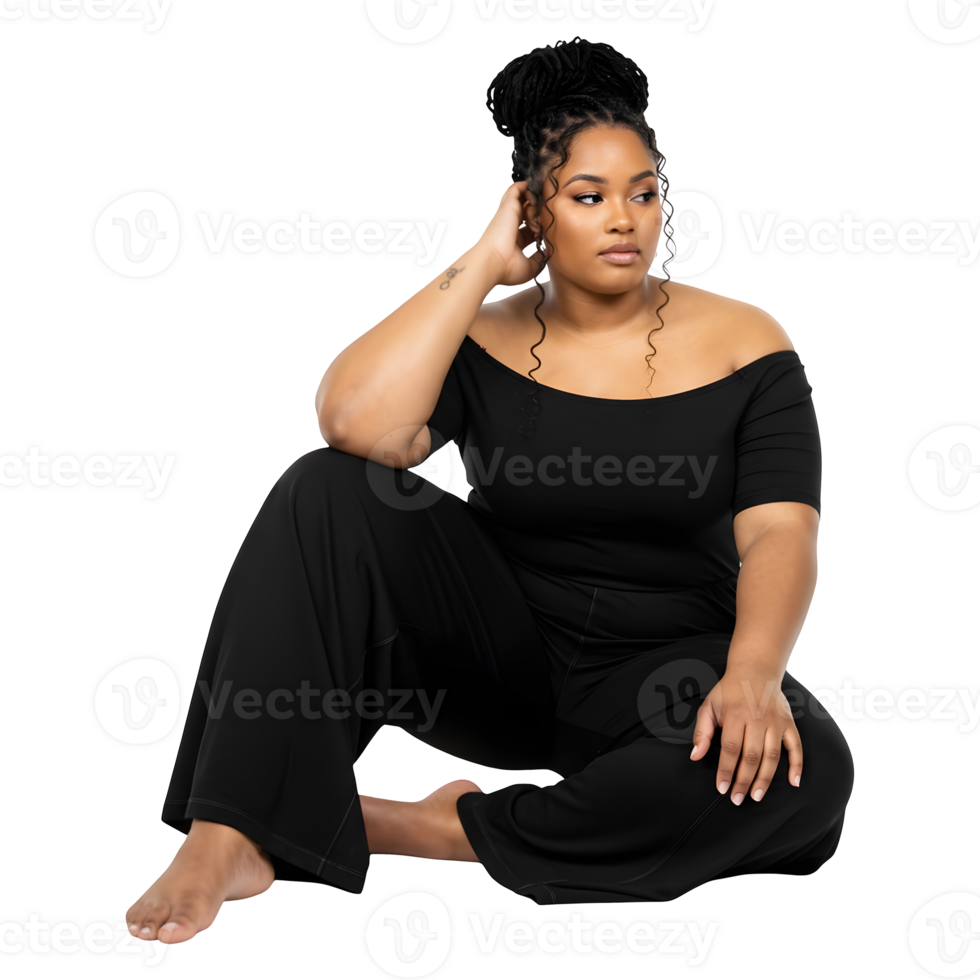 Confident Plus Size Woman in Elegant Black Jumpsuit, Serene Pose png