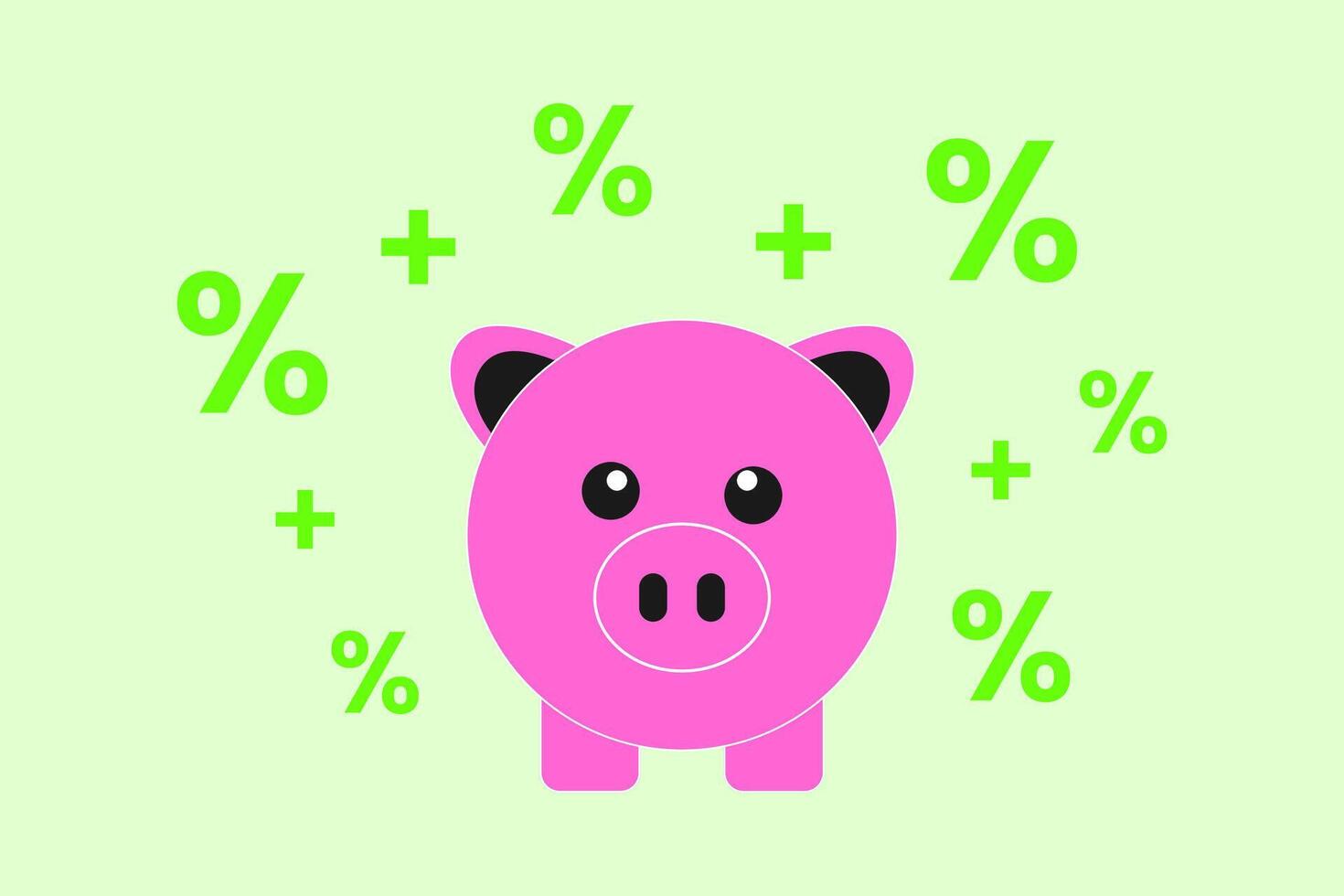 Cute piggy bank with percent sign and plus symbol. Concept of saving, interest growth and banking. vector
