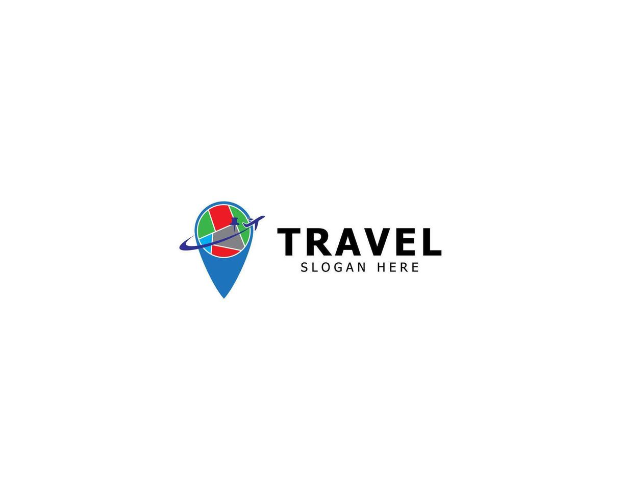 Travel point logo design template. Pin icon with airplane combination. Concept of holiday, tourism, trip, exploration, etc vector