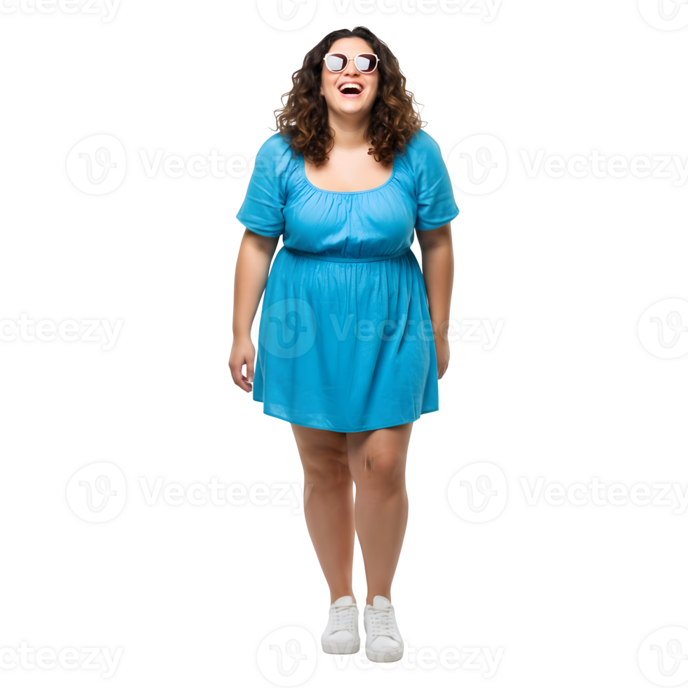 Joyful Plus Size Woman in a Summery Blue Dress Laughs with Sunglasses png