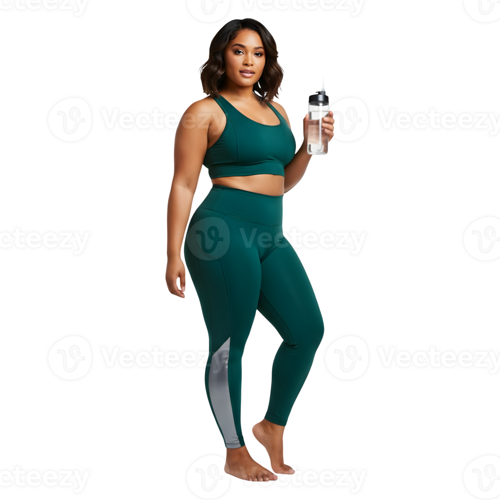 Confident Woman in Emerald Green High Waisted Leggings and Sports Bra, Holding Water Bottle png
