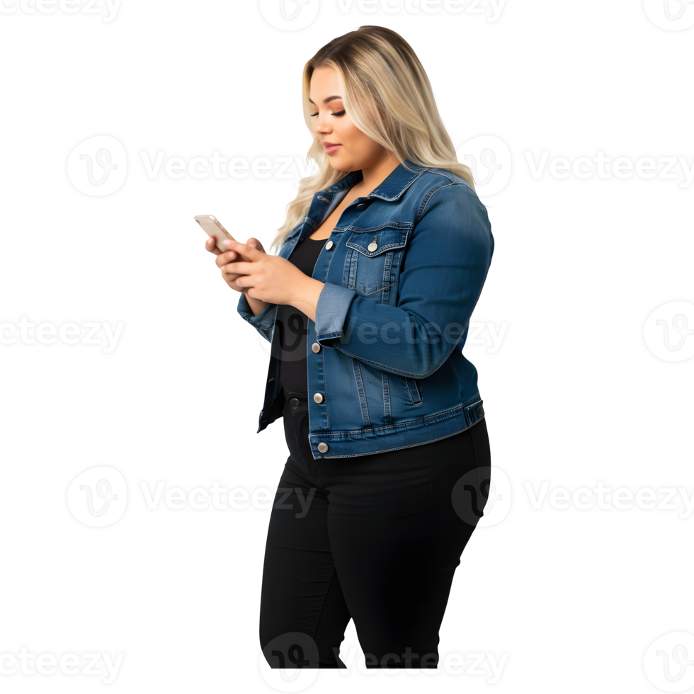 Young Woman in Denim Jacket Uses Smartphone with Focused Attention png