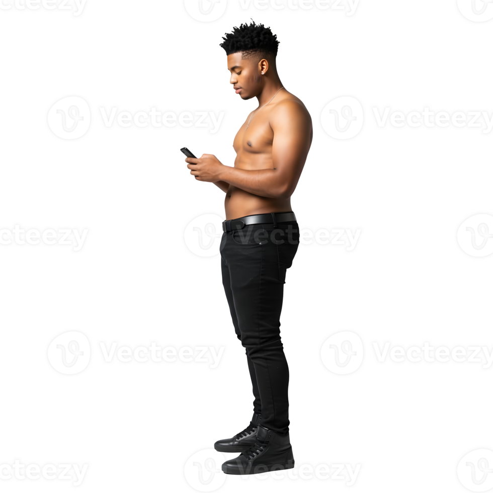 Shirtless Young Man in Black Jeans Using Smartphone png