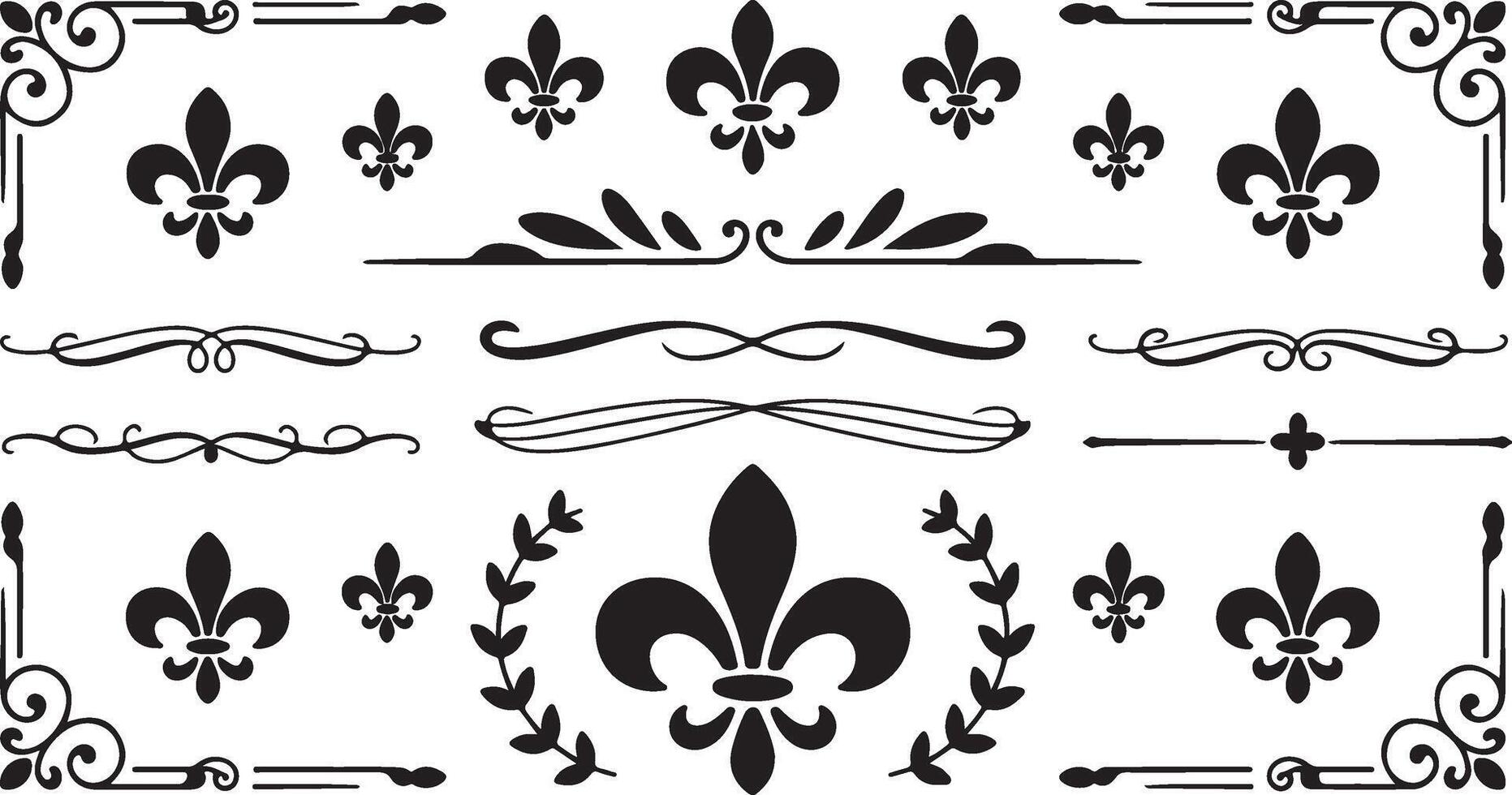 Ornate Fleur de Lis Collection with Laurels, Borders, and Dividers vector