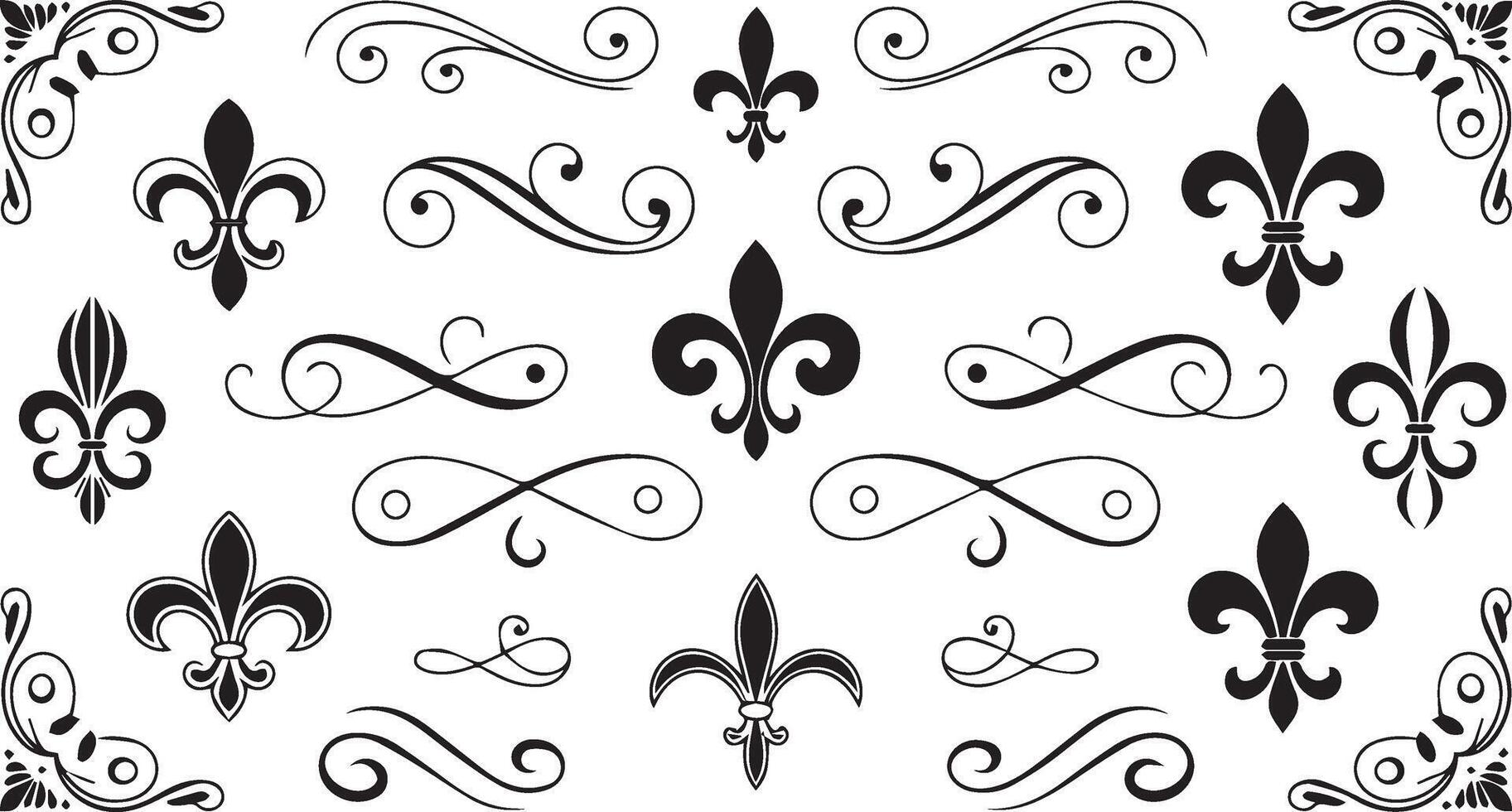 Elegant Fleur de Lis and Swirl Flourishes with Decorative Corners vector