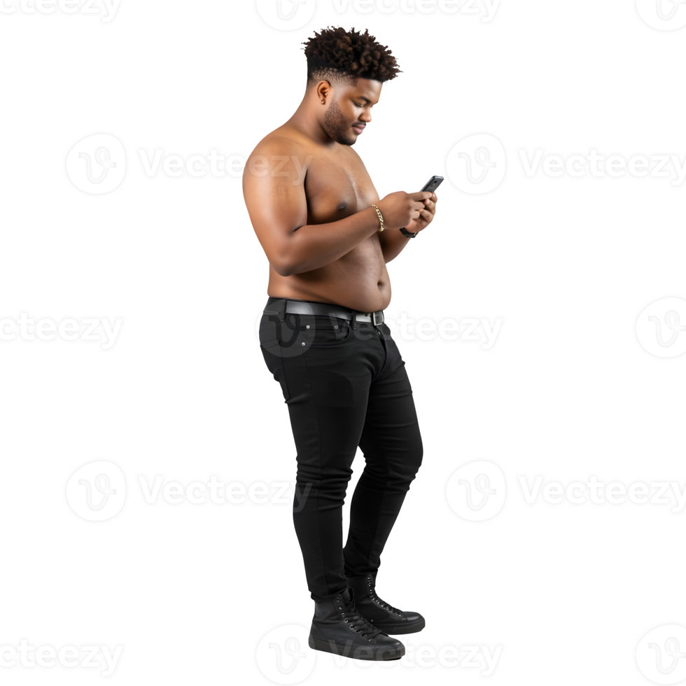 Shirtless Man in Black Jeans Uses Smartphone, Profile View png