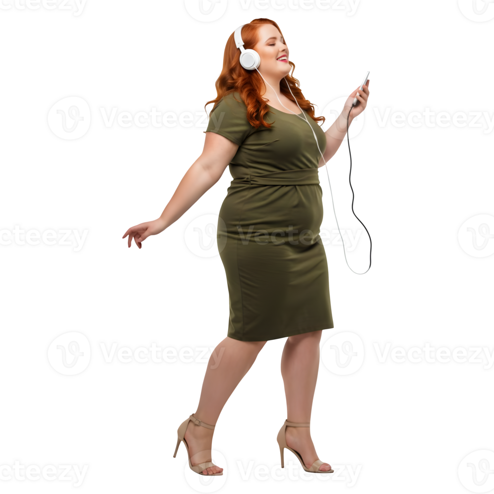 Joyful Plus Size Woman Dancing to Music with Headphones and Smartphone png