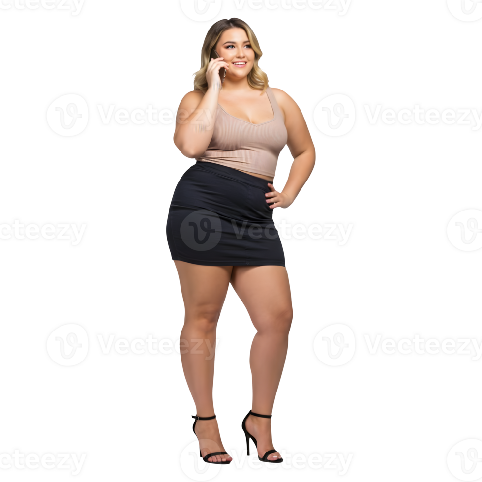 Confident Plus Size Woman in Stylish Mini Skirt Talking on Cell Phone png