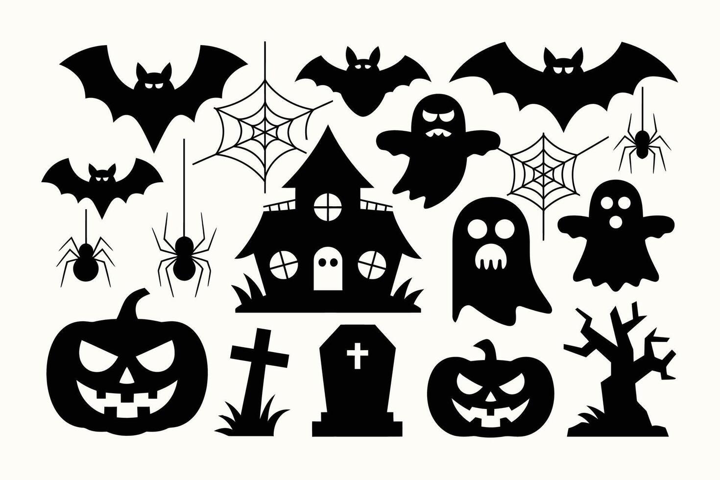 A Spooky Halloween Collection Featuring Haunted Houses, Jack-O-Lanterns, Ghosts, and Bats vector
