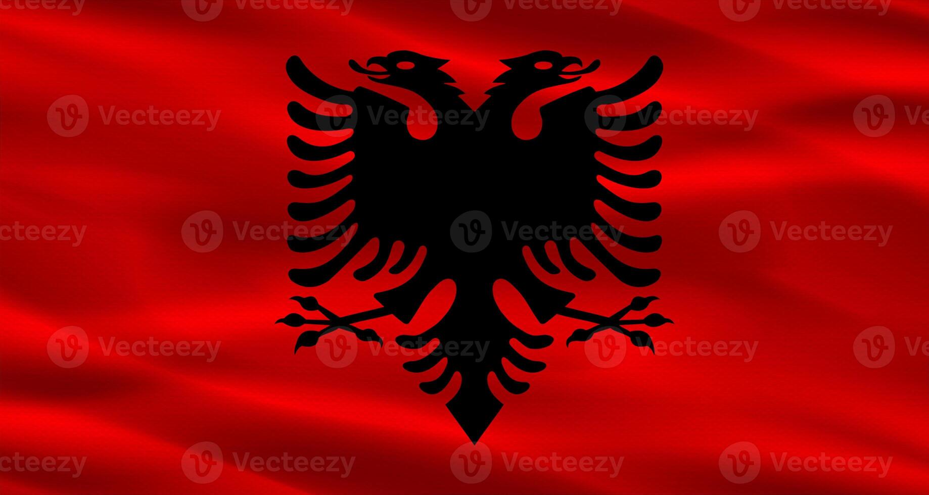 Albania flag with fabric texture. Realistic flag of Albania waving photo
