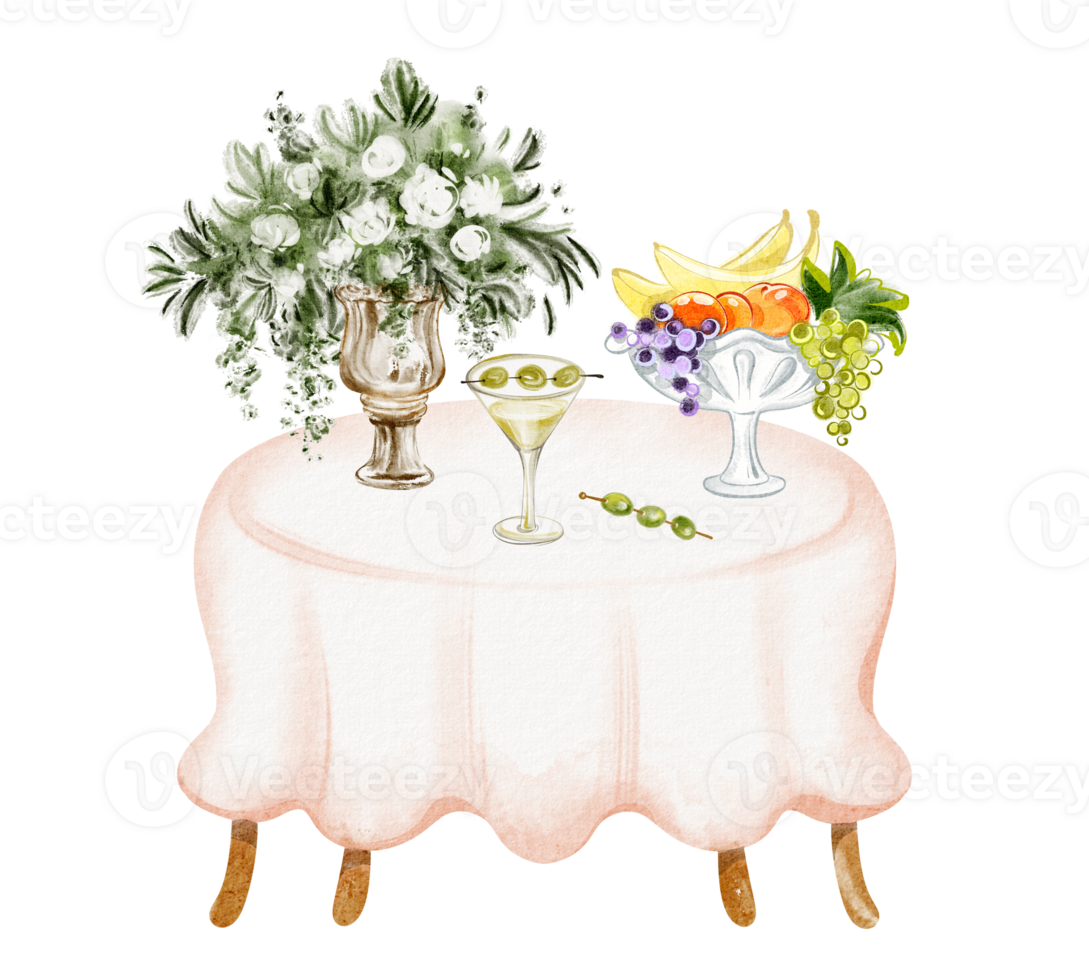 Watercolor illustration Table for dinner with wine, candles, and bouquet. Includes food, dessert, and drinks on an elegant restaurant table. png