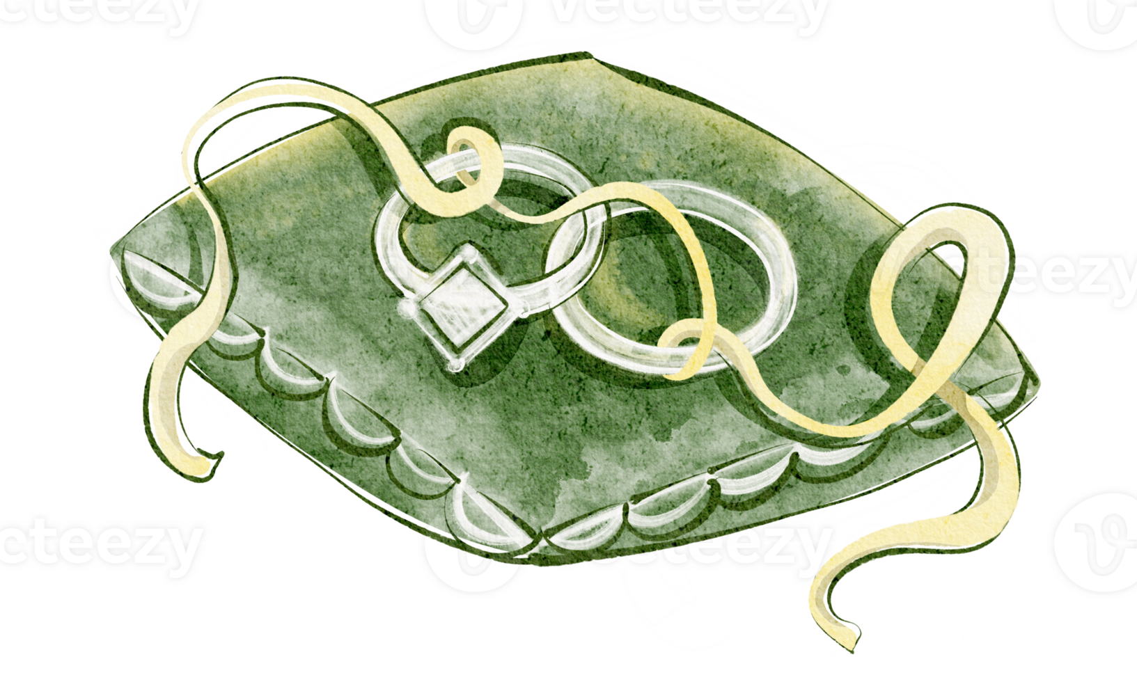 Hand drawn watercolor image of a wedding ring pillow with diamond rings. Includes elements related to engagement, marriage, and wedding ceremony. Suitable for celebration and proposal themes. png