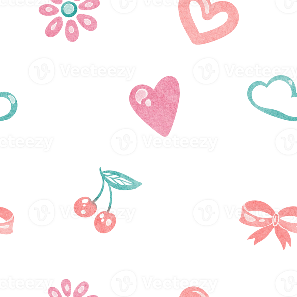 Cute seamless girly pattern with fruit and berry. Summer cartoon design with pink bow cloud and heart nursery wallpaper or kindergarten decor. For children products or preschool background. png