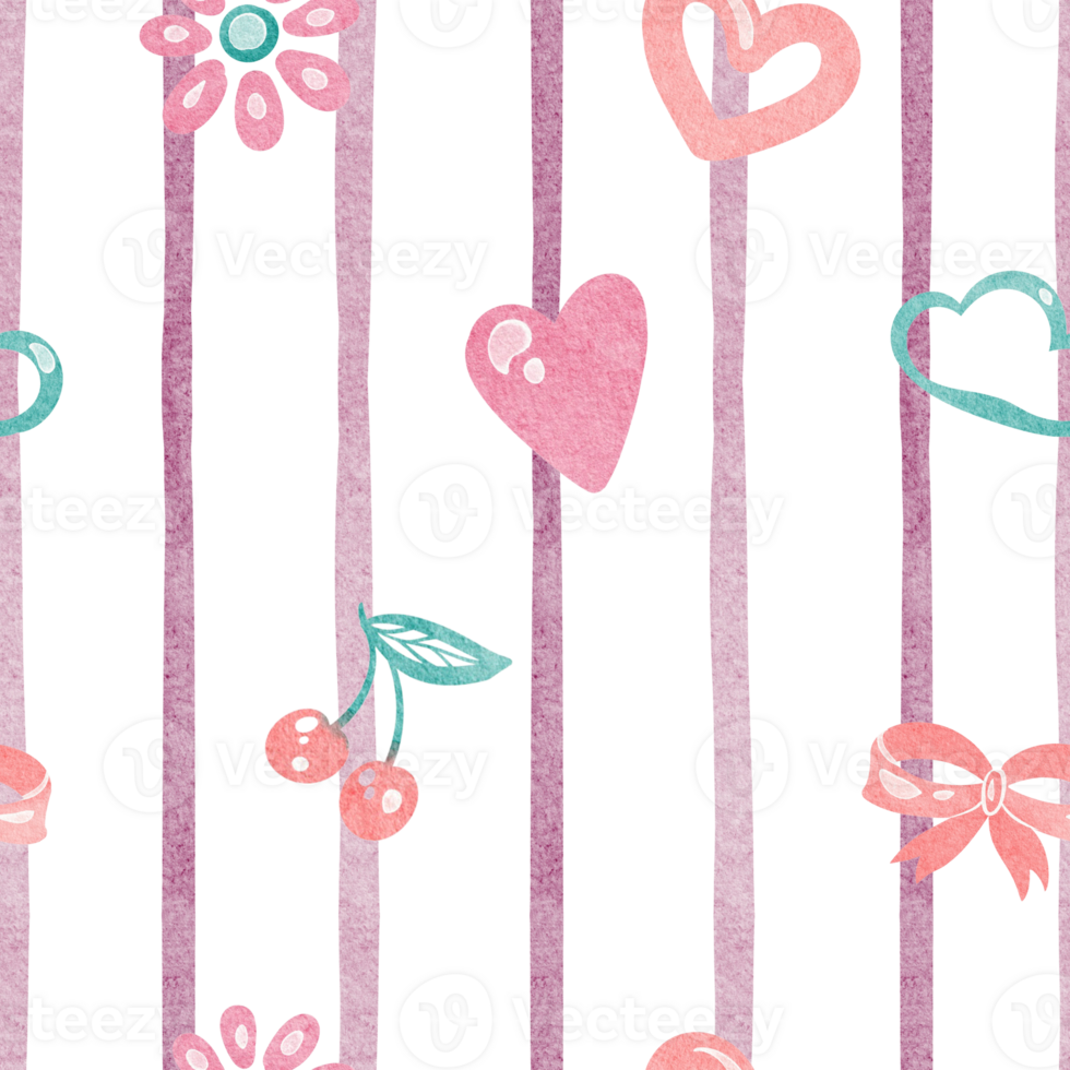 Striped Cute seamless girly pattern with fruit and berry. Summer cartoon design with pink bow cloud and heart nursery wallpaper or kindergarten decor. For children products or preschool background. png