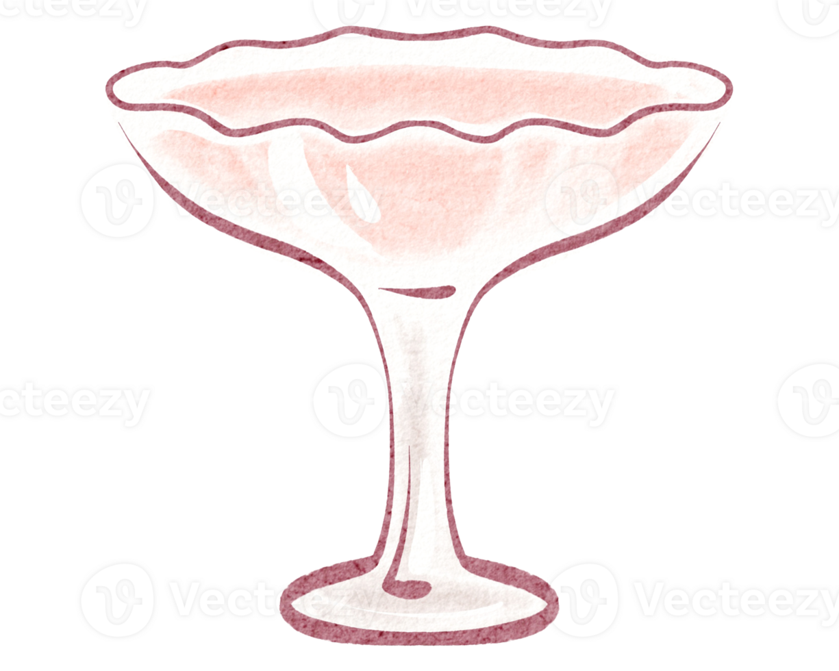 Hand-drawn watercolor illustration of a pink cocktail in a glass. Suitable for menu design, party invitations, and beverage related projects. Ideal for cafe menus bar promotions and event decorations. png