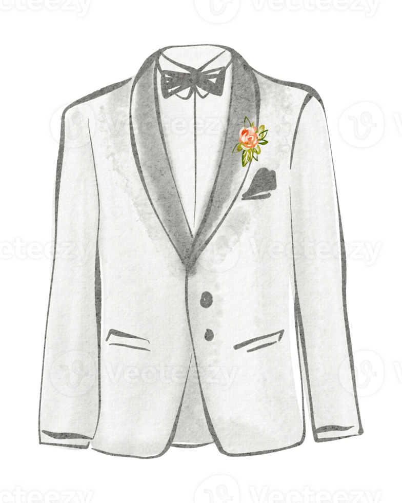 Hand drawn sketch of a men's jacket, blazer for formal occasions. Includes tuxedo, bowtie, necktie, and boutonniere details. Suitable for fashion, menswear, and business design concepts. png
