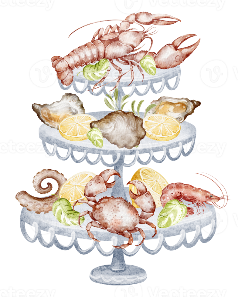 Hand drawn watercolor of a three-tiered stand with assorted seafood. Includes shrimp, lobster, mussels, squid, and lemon. Suitable for menus, restaurants, and seafood related designs. png